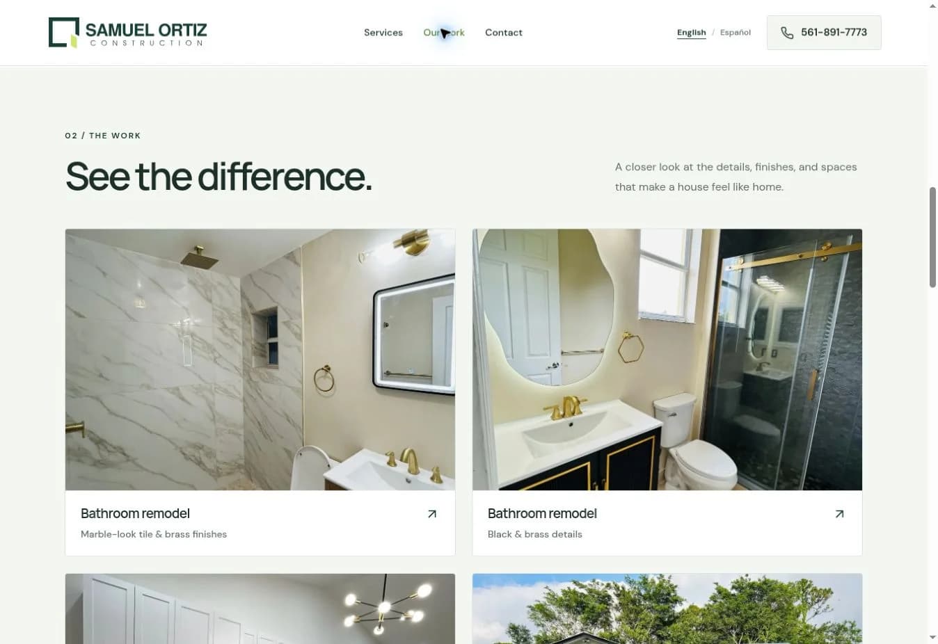 Samuel Ortiz Construction’s See the difference section showing bathroom, kitchen, and exterior projects in a visual gallery