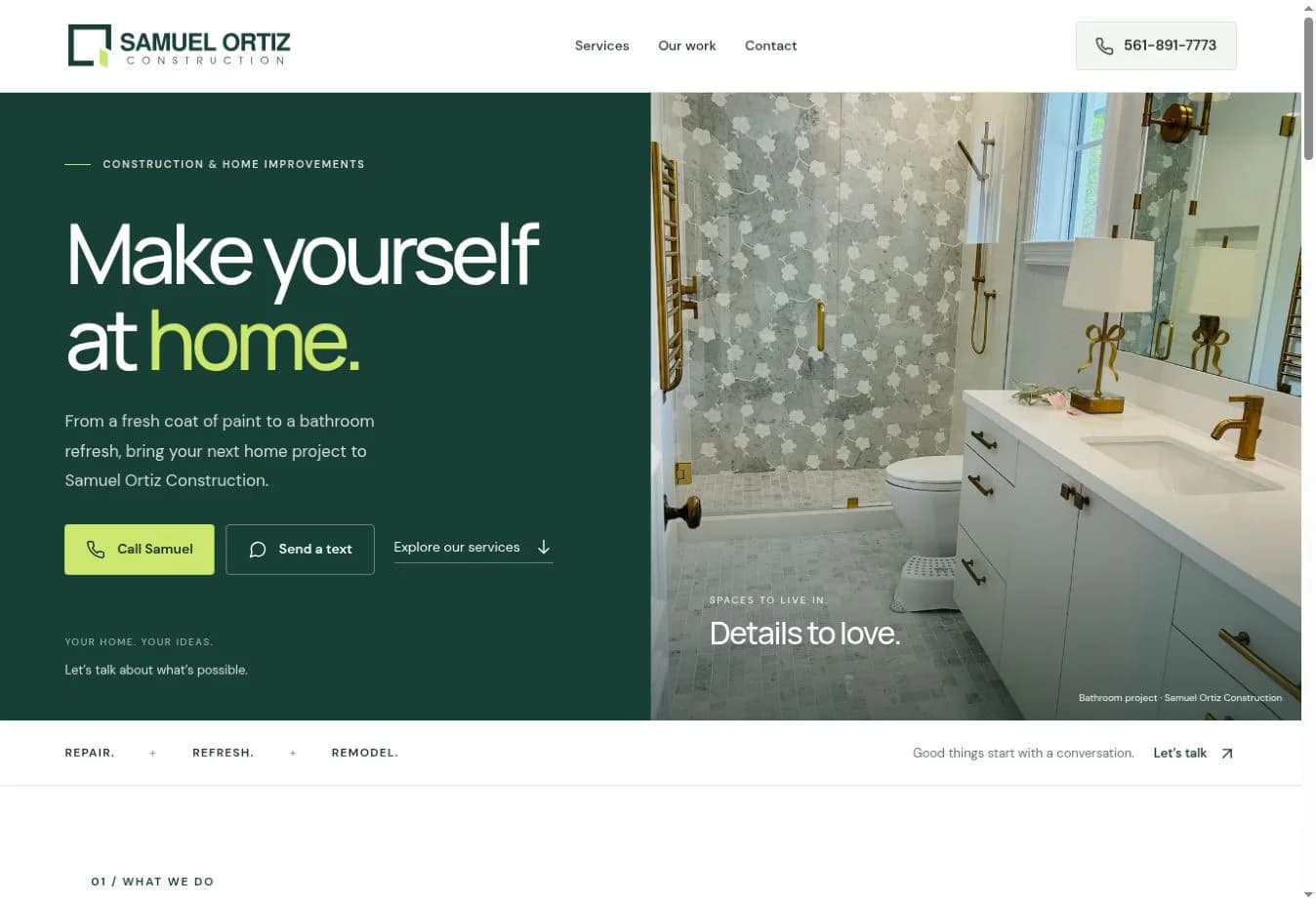 Samuel Ortiz Construction website featuring its services, bathroom project photography, and call and text buttons